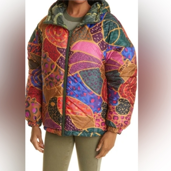 FARM RIO Cool Green Leopard Reversible Puffer Jacket Size Large NWT - Picture 6 of 13